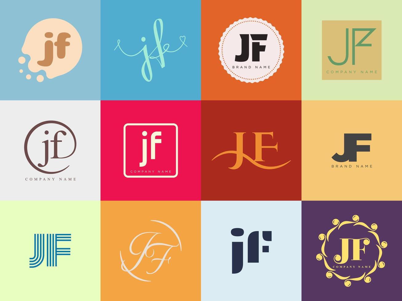 JF logo company template. Letter j and f logotype. Set different classic serif lettering and modern bold text with design elements. Initial font typography. vector
