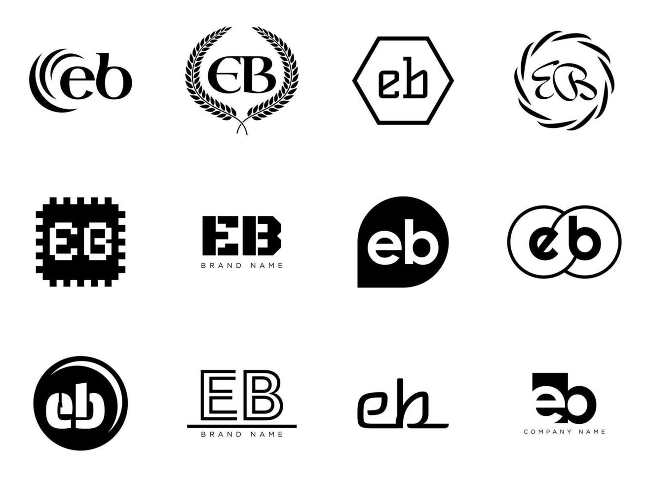 EB logo template. Letter e and b logotype. Set different classic serif lettering and modern bold text with design elements. Initial font typography. vector