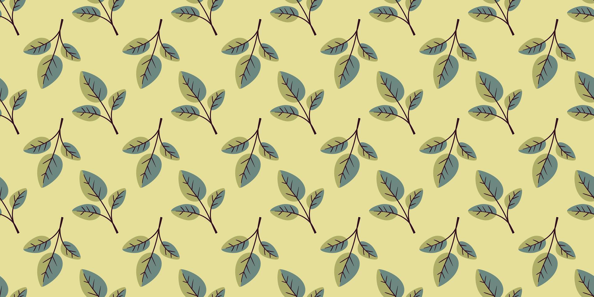 Elegant seamless pattern featuring stylized teal leaves on a pale yellow background. Perfect for textile design, wallpaper, or website backgrounds. Evokes nature, freshness, and a calming aesthetic. vector