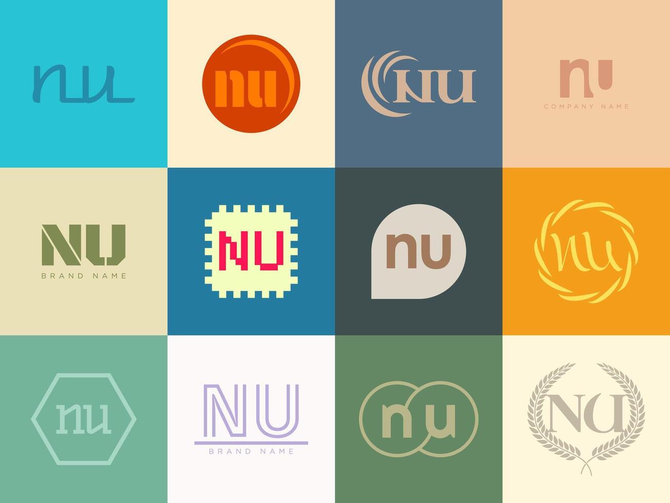 NU logo template. Letter n and u logotype. Set different classic serif lettering and modern bold text with design elements. Initial font typography. vector