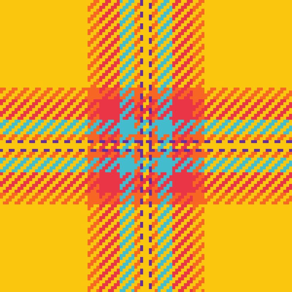 Vibrant pixelated plaid pattern in bold yellow, red, and teal. Perfect for textile design, website backgrounds, or playful branding. This cheerful, geometric design evokes energy and warmth. vector