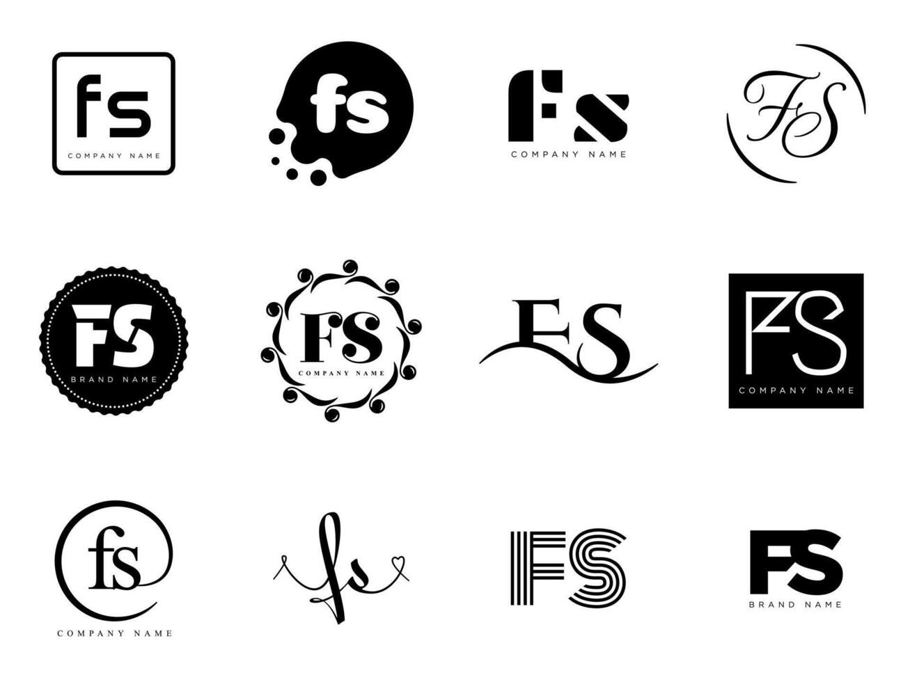 FS logo company template. Letter f and s logotype. Set different classic serif lettering and modern bold text with design elements. Initial font typography. vector