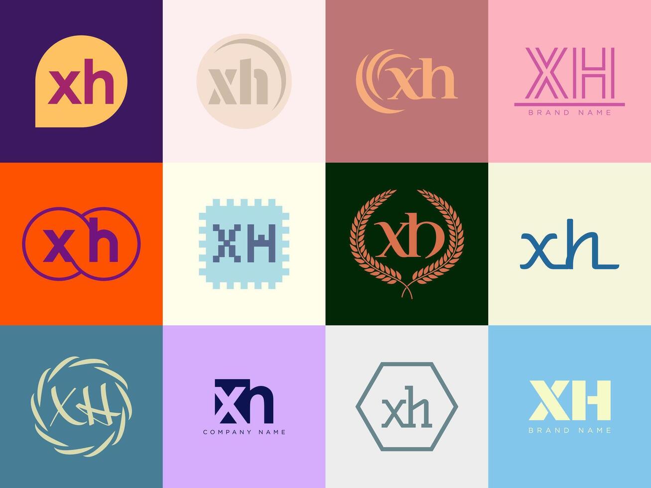 XH logo template. Letter x and h logotype. Set different classic serif lettering and modern bold text with design elements. Initial font typography. vector