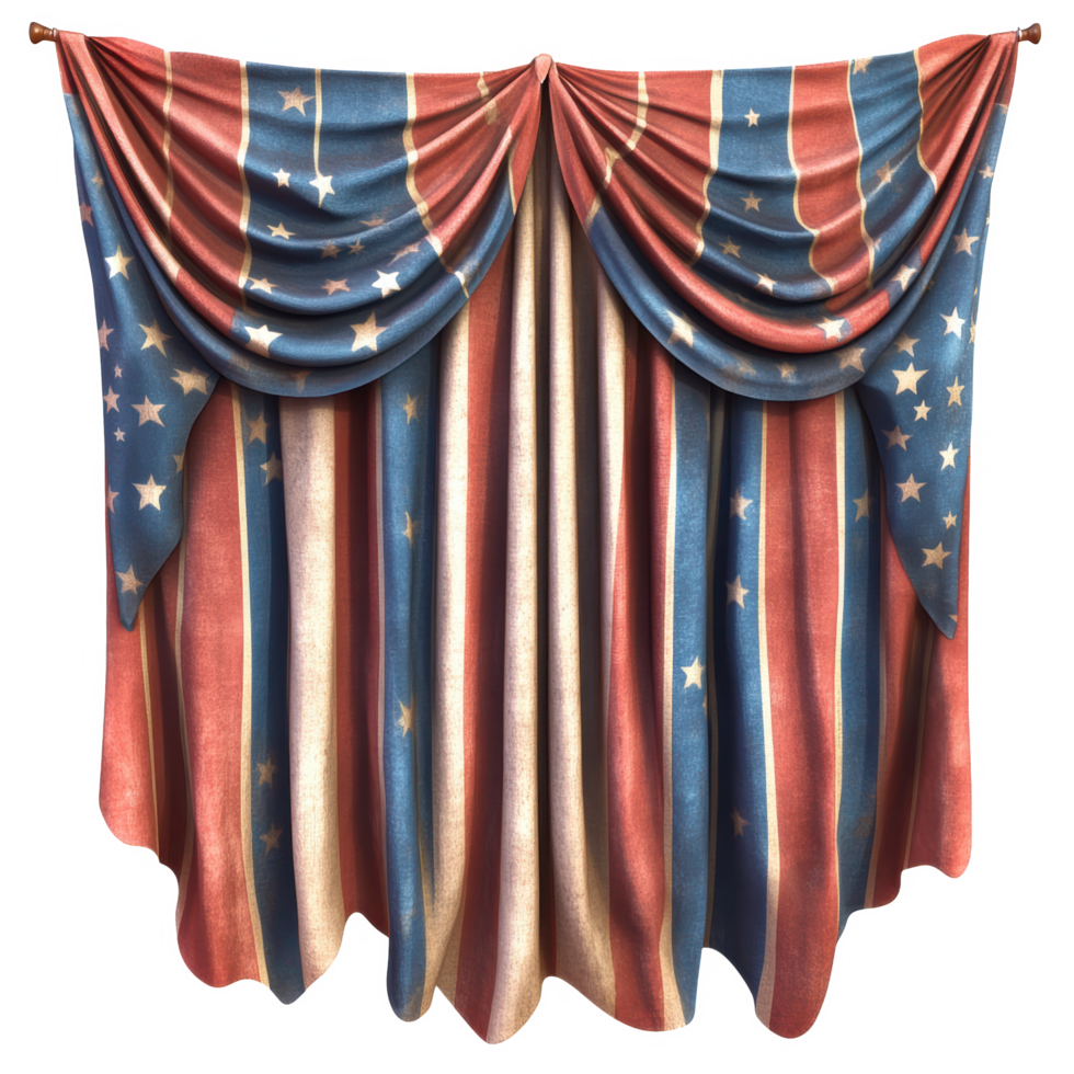 Patriotic american flag drapery curtain with stars and stripes on transparent background png