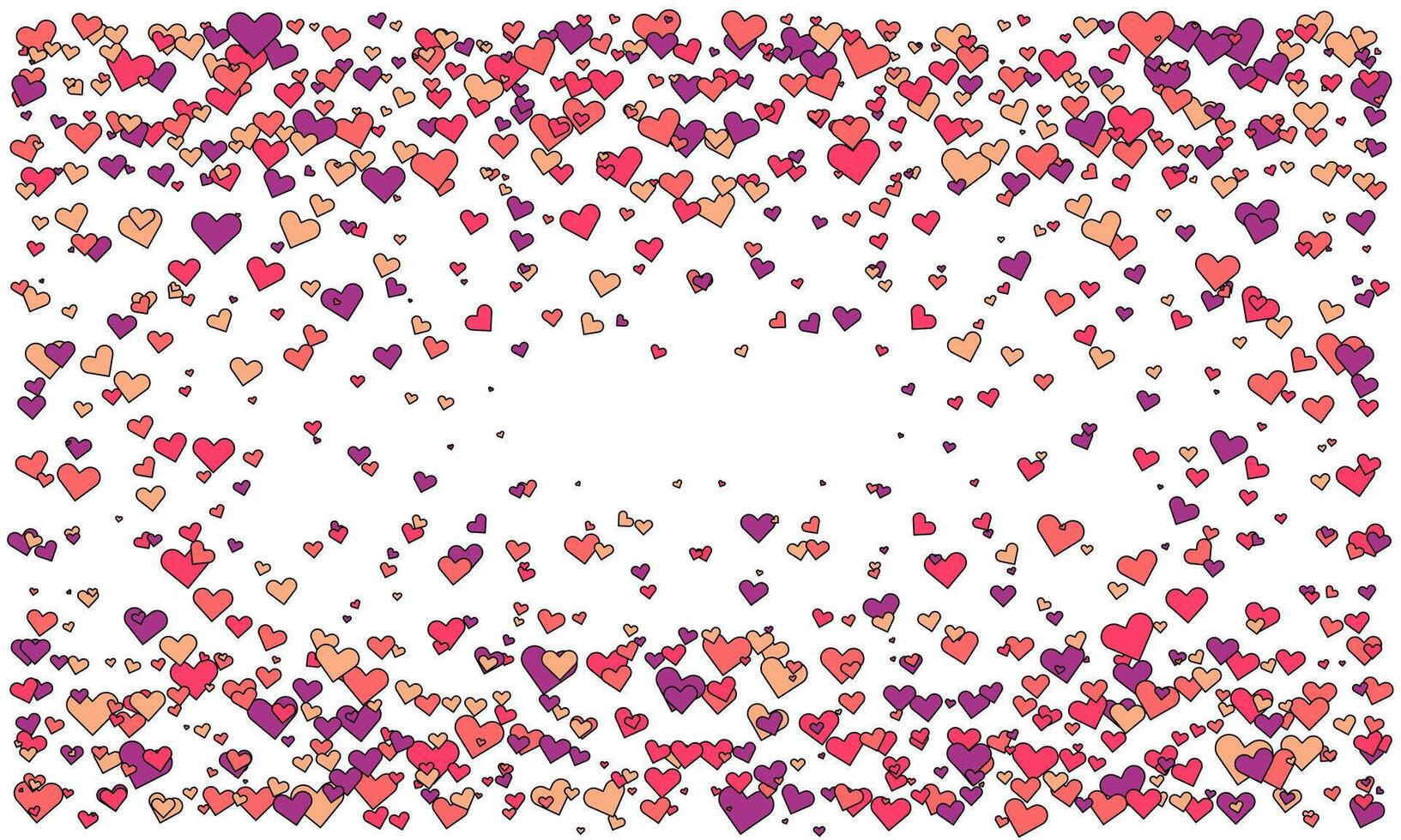 Joyful confetti of pink, purple, and peach hearts creates a festive backdrop perfect for Valentines Day, anniversaries, or romantic designs. vector