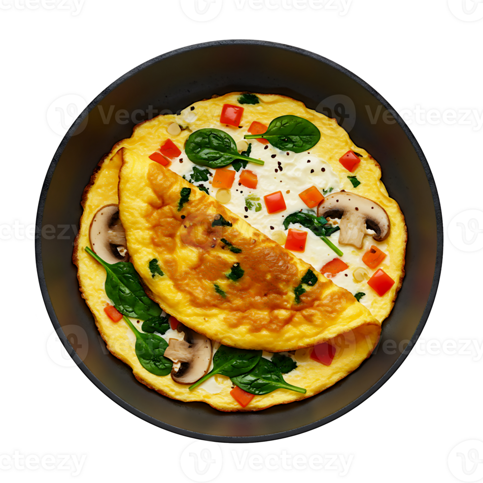 Cooked breakfast dish with golden brown omelette in black frying pan png