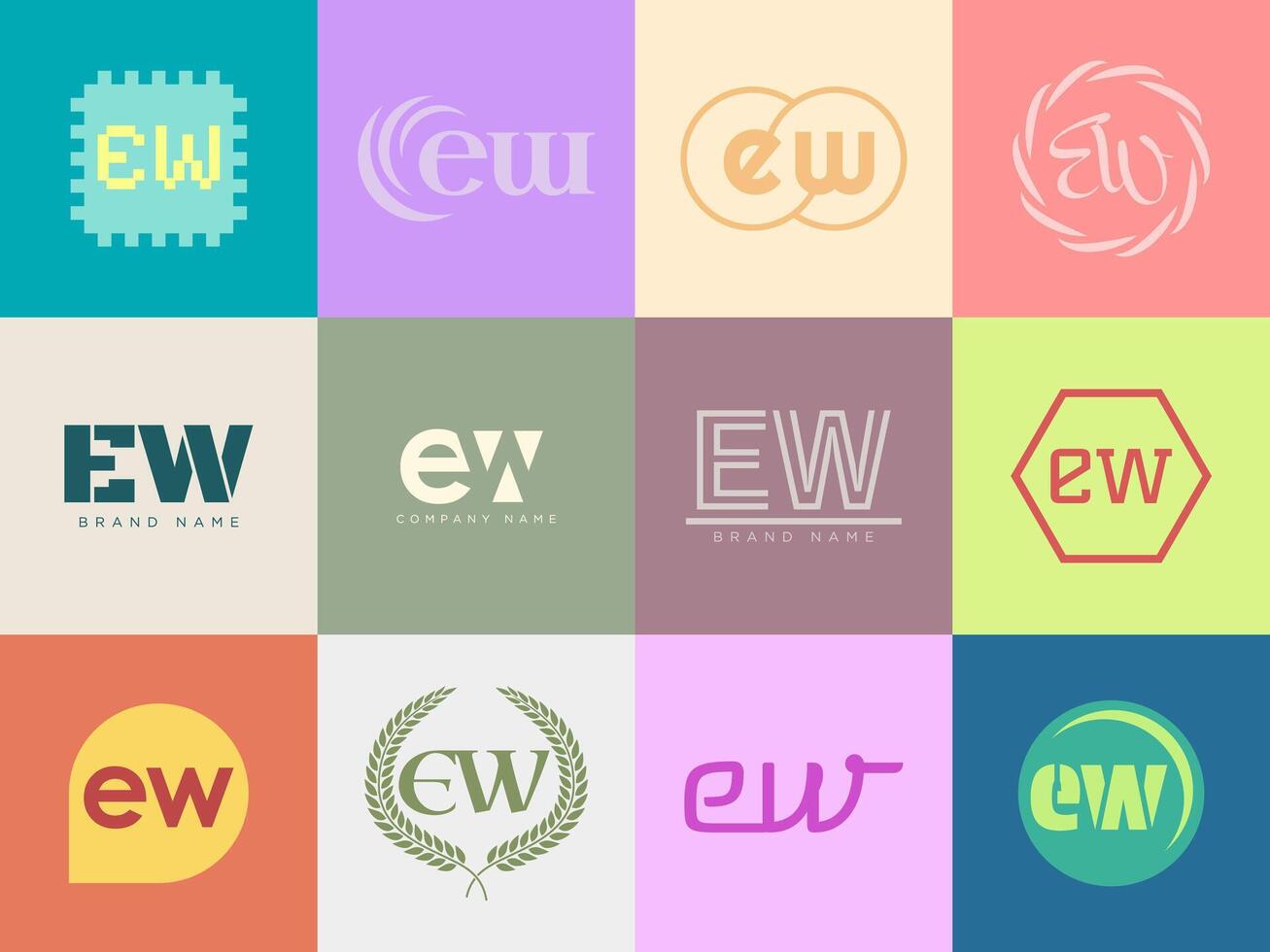 EW logo template. Letter e and w logotype. Set different classic serif lettering and modern bold text with design elements. Initial font typography. vector
