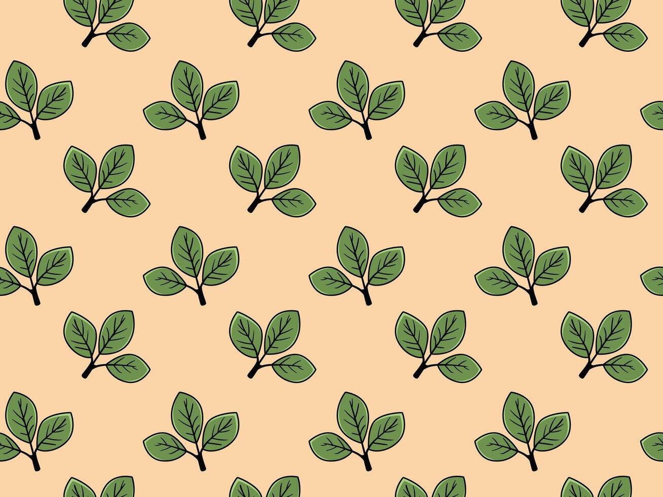 Seamless pastel peach background featuring a repeating pattern of stylized green leaves. Perfect for textile design, wallpaper, branding, or website backgrounds. vector