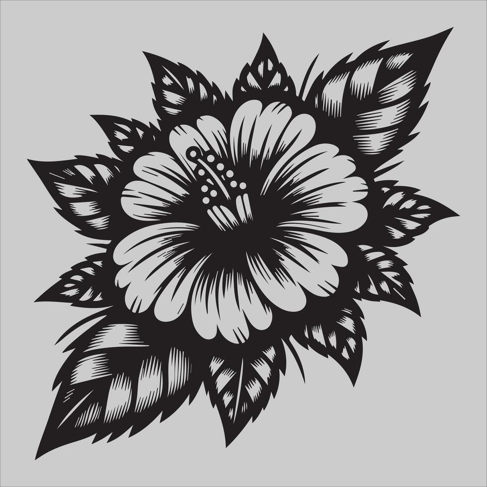 A striking black and white illustration of a blooming flower surrounded by detailed foliage vector