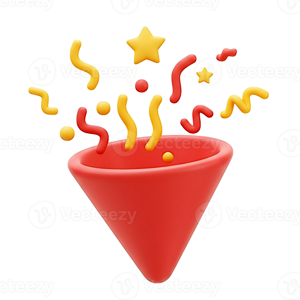 3D Render of Red Cone with Yellow and Red Confetti png