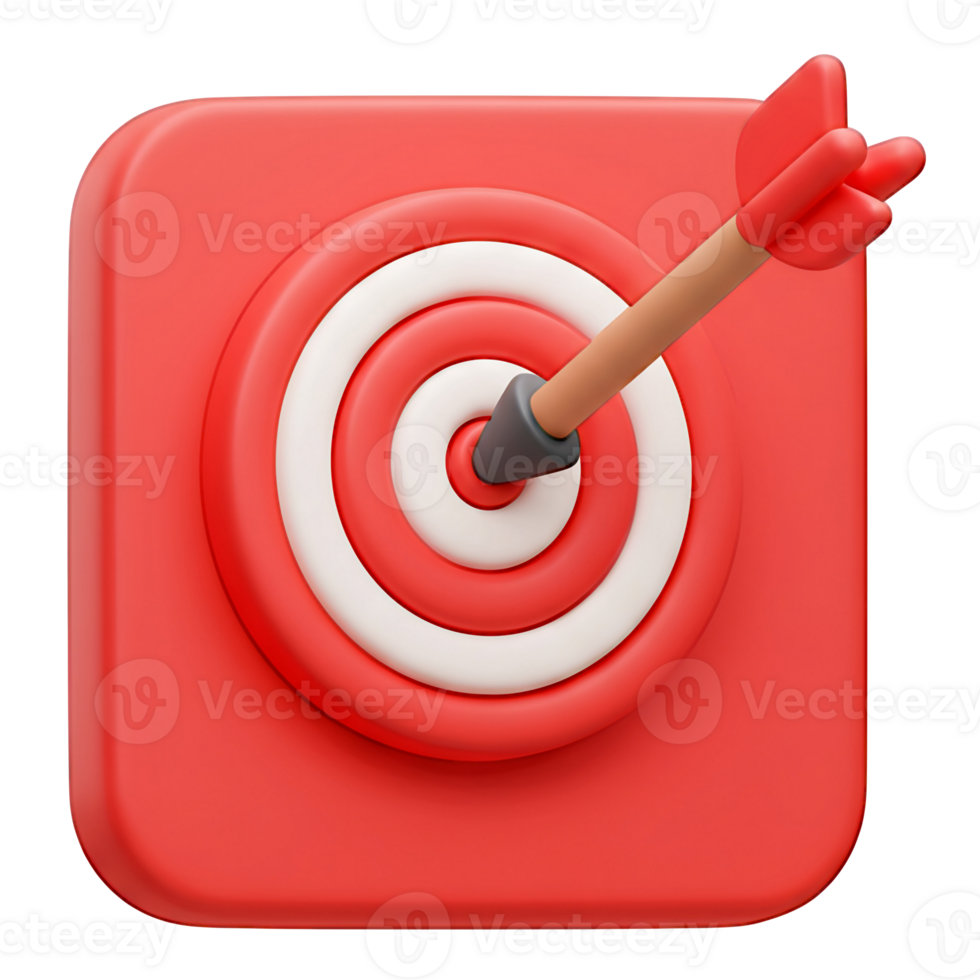 Red 3D Render of Arrow Hitting Bullseye Target png