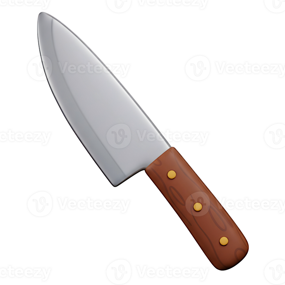 Sharp Kitchen Chef Knife with Wooden Handle 3D Render png