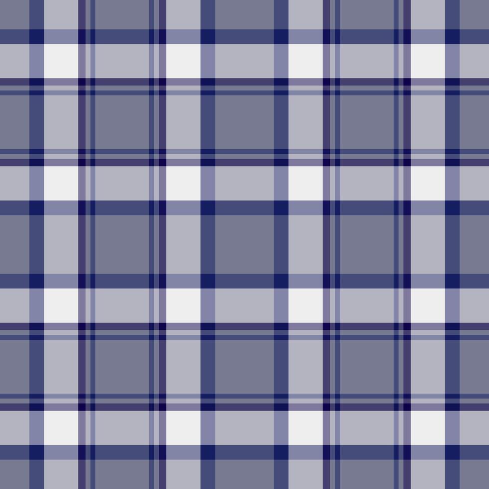 Classic plaid pattern with intersecting lines of blue, grey, and white. Versatile for backgrounds, textiles, design elements and crafting projects. vector