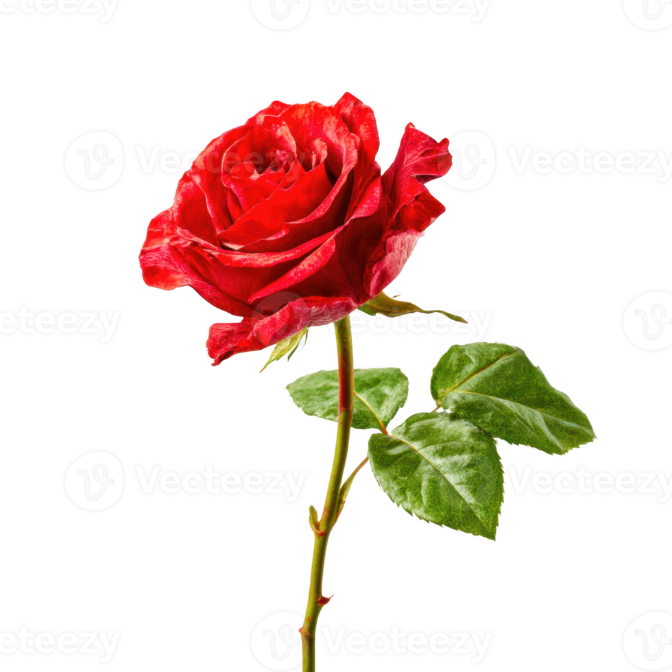 A single red rose with green leaves isolated on transparent background. png