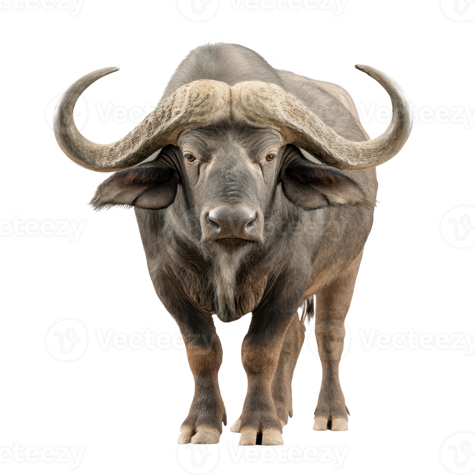 Buffalo standing frontal view isolated on transparent background. png