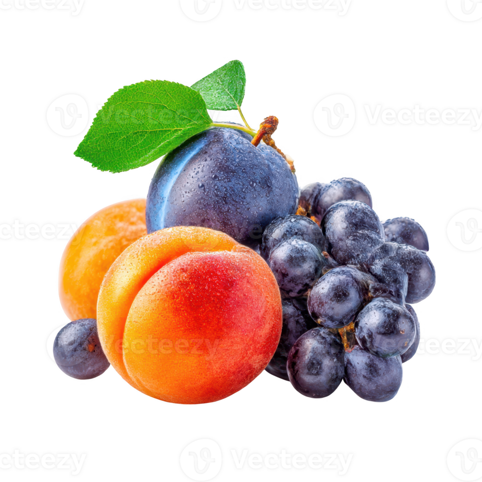 Fresh fruits plum grapes apricot isolated on transparent background. png