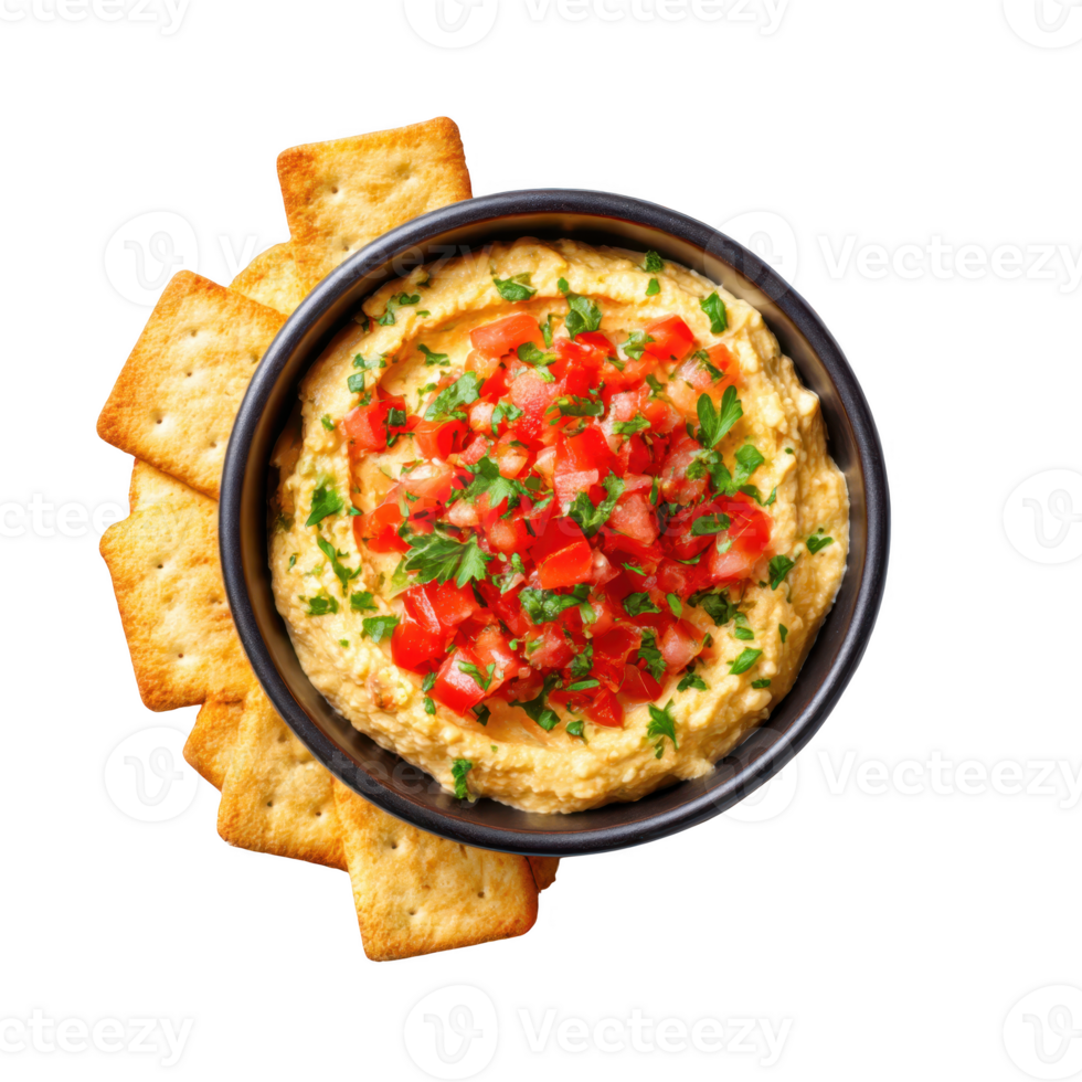 Hummus with crackers isolated on transparent background. png