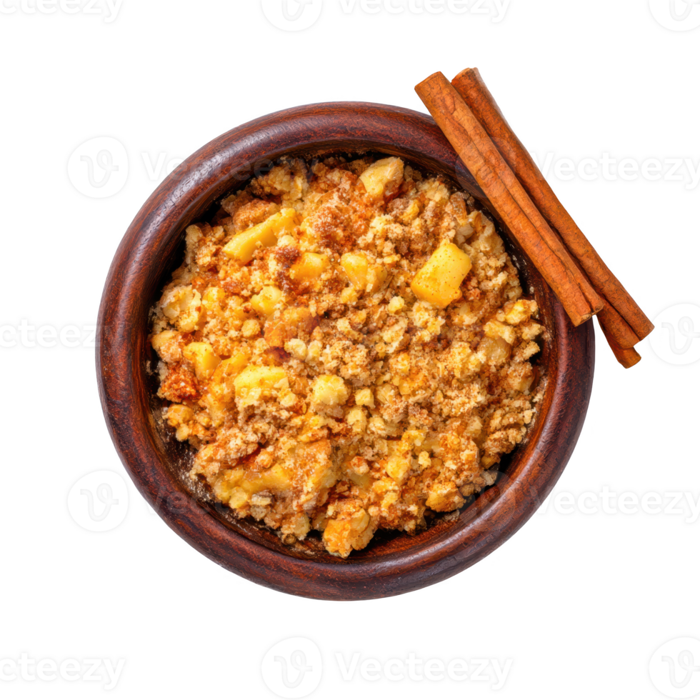Apple crumble with cinnamon sticks isolate on transparent background. png