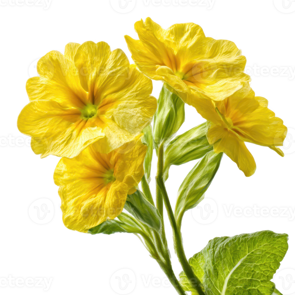 Yellow spring primrose blossom close up isolated on transparent background. png