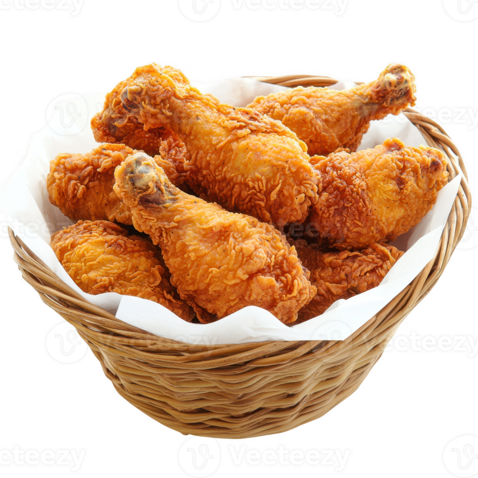 Fried chicken drumsticks in basket on transparent background png