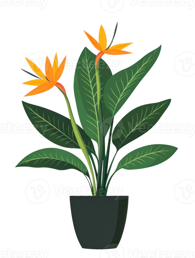 Bird of paradise plant in pot artwork on transparent background png