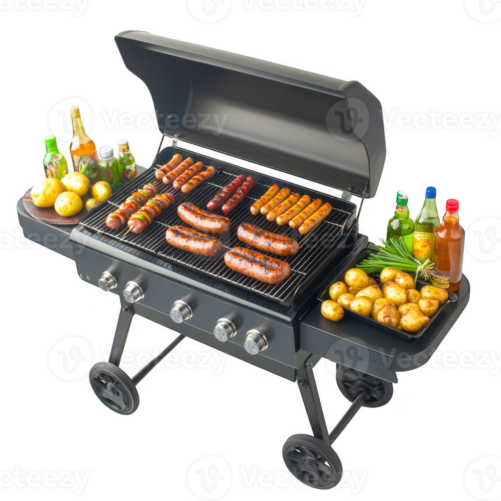 Grill with sausages and vegetables on transparent background png