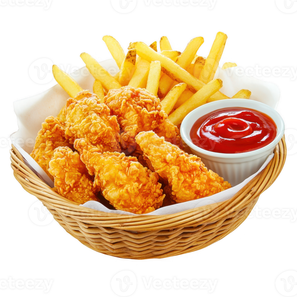 Chicken tenders with fries and ketchup on transparent background png