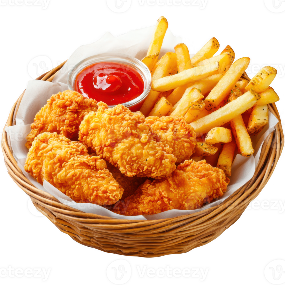Chicken nuggets with fries in basket on transparent background png