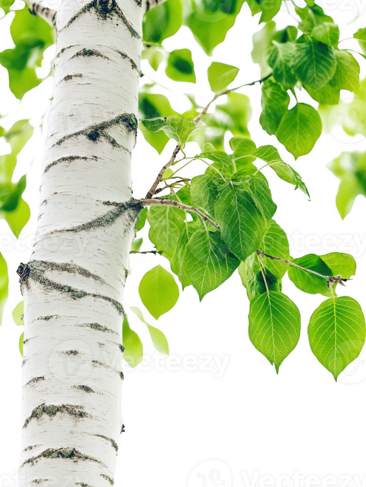 Birch tree trunk with leaves isolated on transparent background png