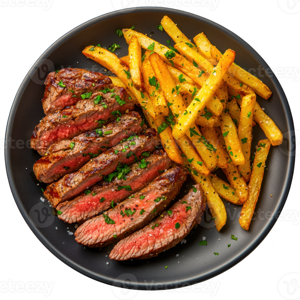 Steak and fries on a plate meal on transparent background png