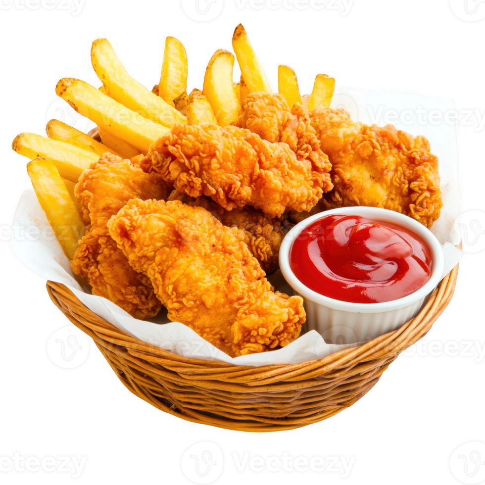 Chicken fries and ketchup in basket on transparent background png