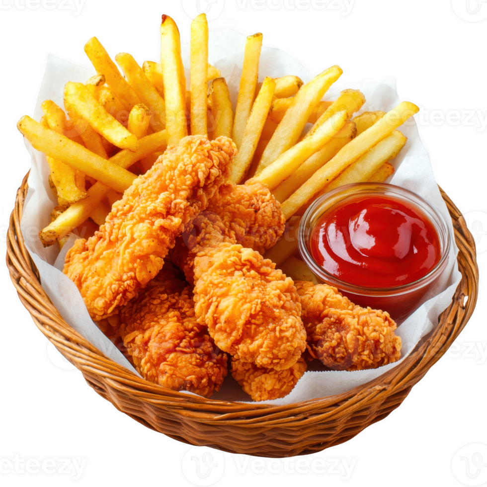 Chicken fries and ketchup in basket sauce on transparent background png