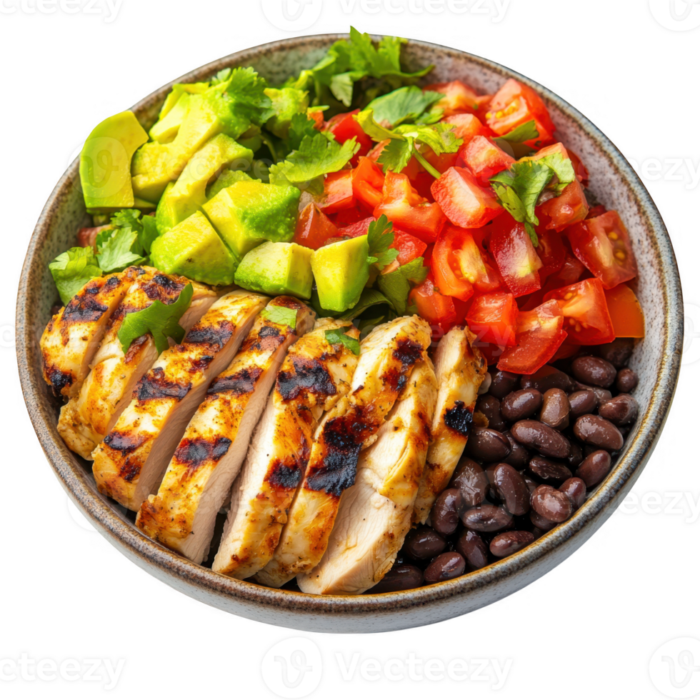 Chicken bowl with avocado and tomato on transparent background png