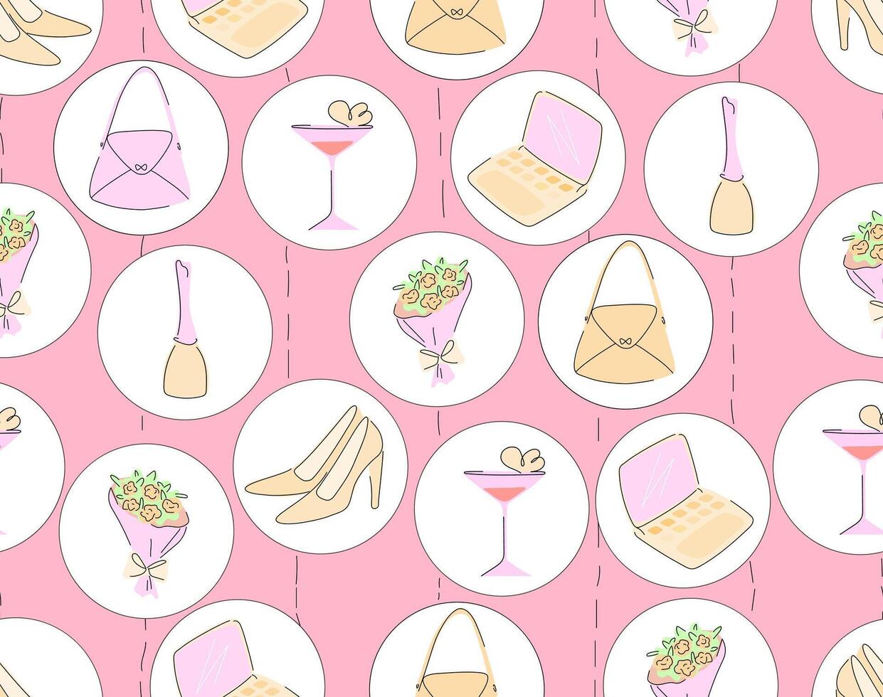 Seamless pattern with pumps and handbags in pink colors. Illustration for stunning glamorous backgrounds. vector