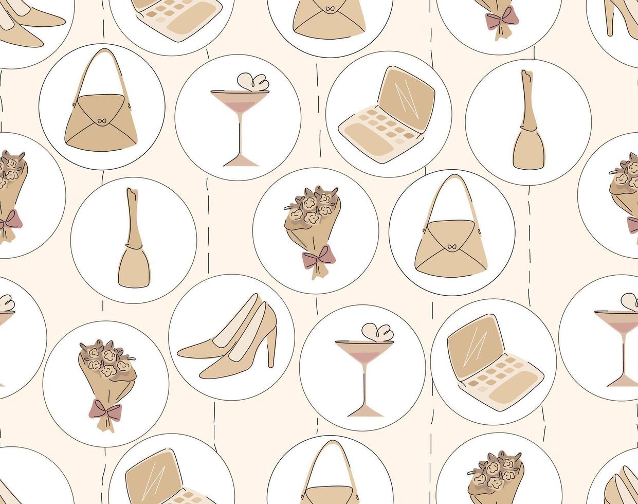 Seamless pattern in beige colors with hand-drawn ladies' stuff. vector