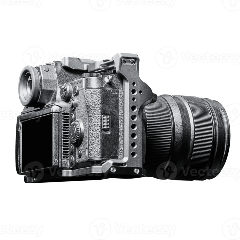 Side view black digital camera with telephoto lens png