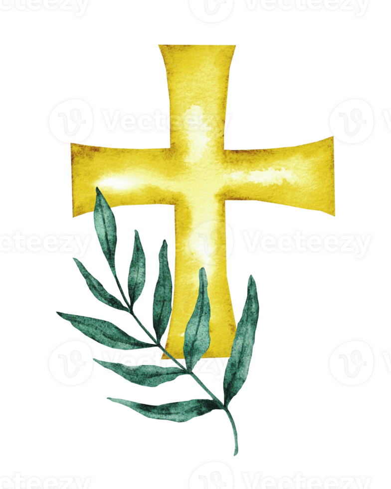 Watercolor illustration with golden cross and palm leaf. Hand drawn. Isolated. Catholic religious symbols. For first communion, wedding, baprism greeting card, invitation. png