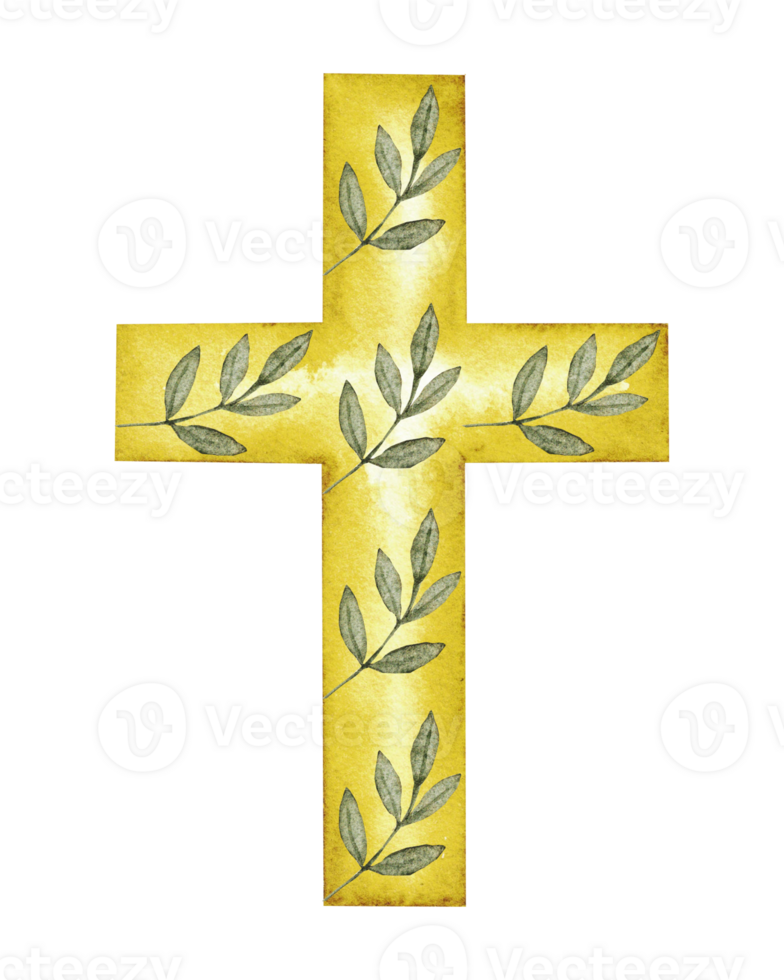 Golden cross decorated with green leaves. Hand drawn watercolor illustration. Isolated. Catholic religious symbol. For first communion, wedding, baprism greeting card, invitation. png