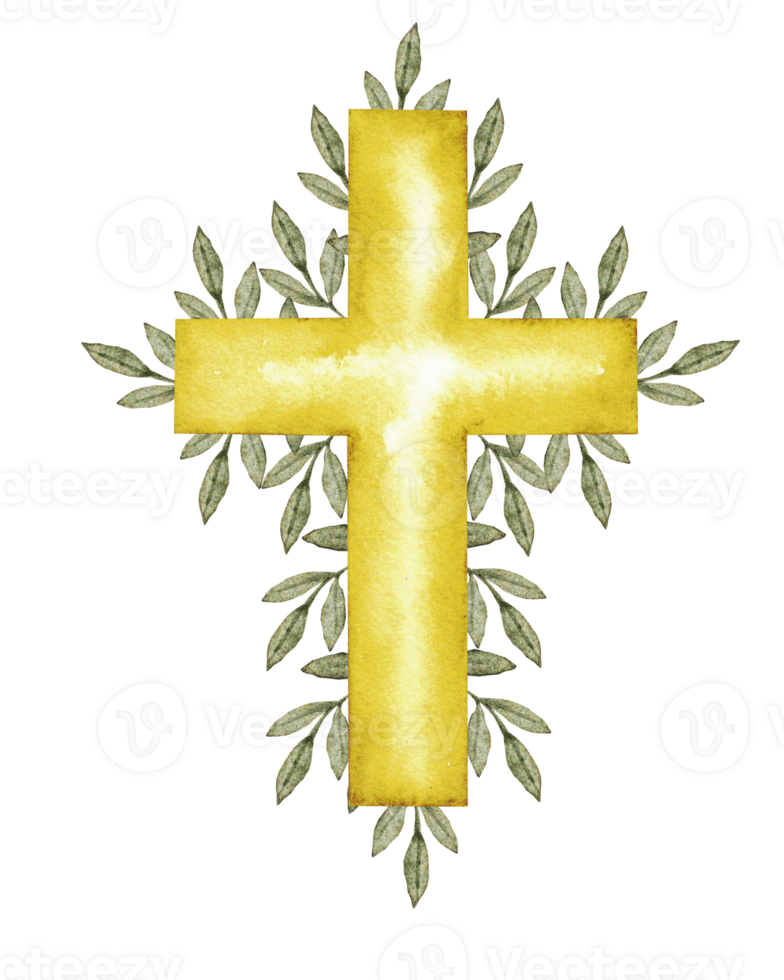 Hand drawn watercolor composition. Golden cross decorated with green leaves. Catholic religious symbol. For first communion, wedding, baprism greeting card, invitation. Isolated png