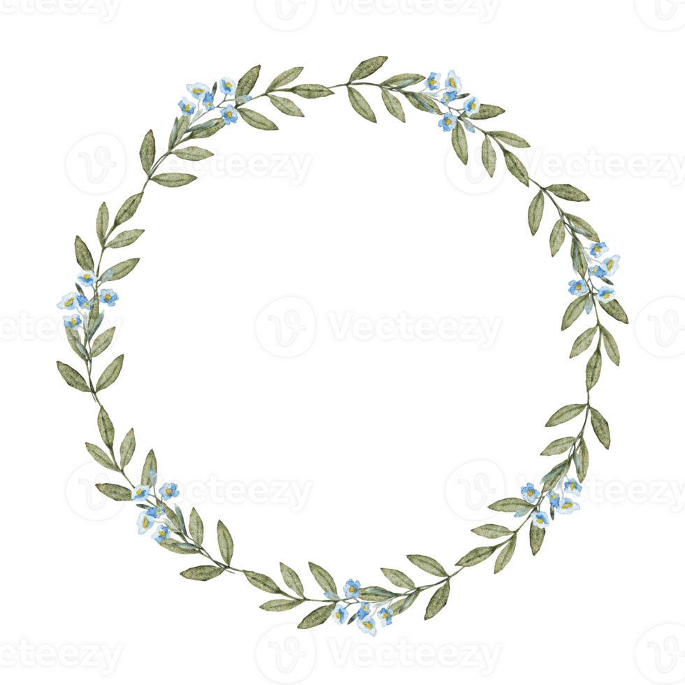 Wreath of green leaves and blue flowers. Watercolor illustration. Template for first communion, baptism, wedding greeting cards, invitation, save the date. Copy space. Isolated botanical frame png
