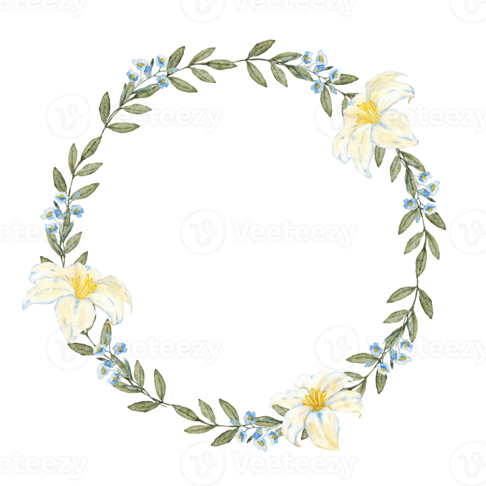 Wreath of green branches decorated with white lilies and blue flowers. Isolated botanical frame. Template for first communion, baptism, wedding greeting cards, invitation, save the date. Copy space png