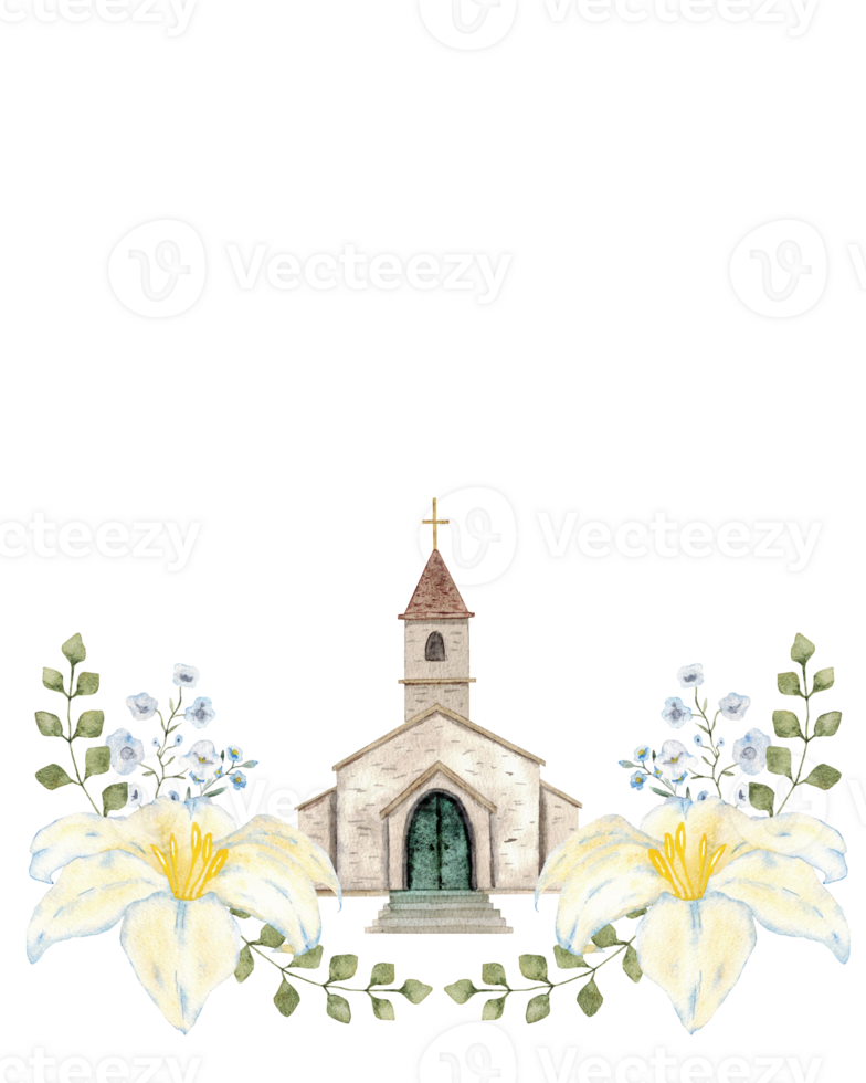 Vertical relgious template for first communion, confirmation, baptism, wedding greeting cards, invitation, save the date. Watercolor illustration with church and white flowers. Hand drawn. Copy space png