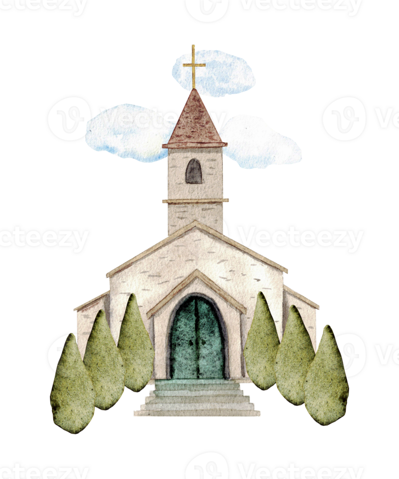 Vertical relgious composition for first communion, confirmation, baptism, wedding greeting cards, invitation, save the date. Watercolor illustration with church and green trees. Hand drawn. Copy space png