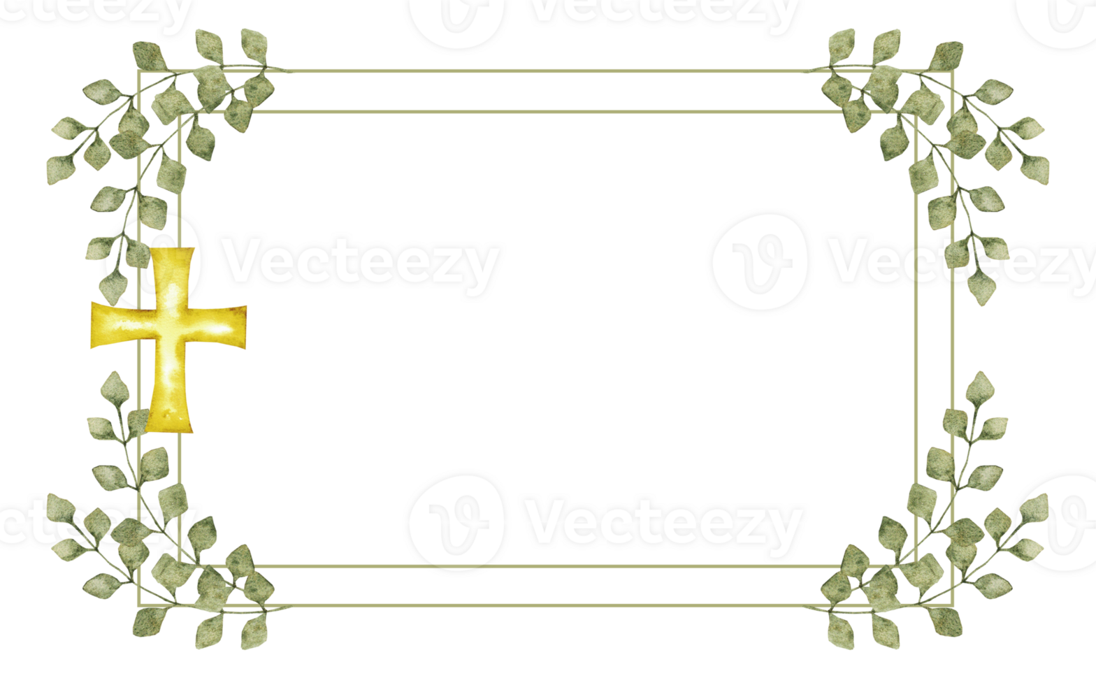Horizontal frame with green leaves and golden cross. Hand drawn. Template for first communion, confirmation, baptism, wedding greeting cards, invitation, save the date. Copy space. Isolated png