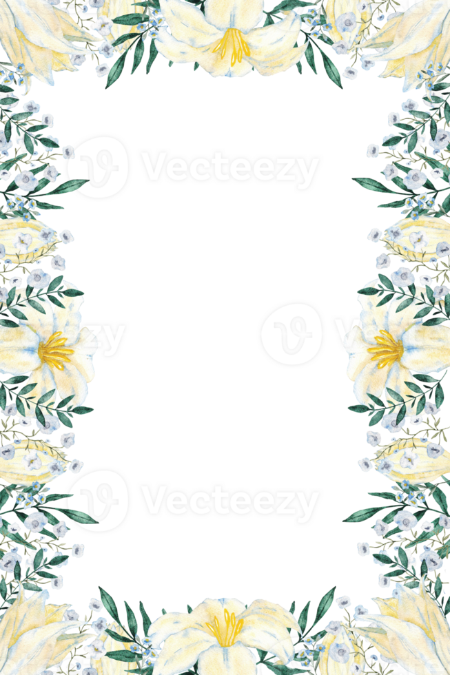 Vertical frame with white flowers and green leaves. Copy space. Hand drawn. Template for first communion, baptism, wedding greeting cards, invitation, save the date, birthday. Watercolor illustration png