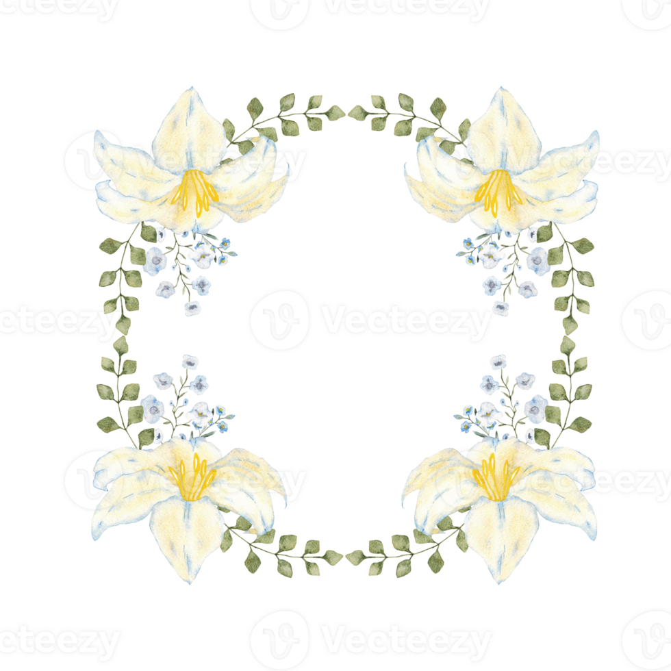 Wreath with white lilies, blue flowers and green leaves. Hand drawn. Template for first communion, baptism, wedding, bithday greeting cards, invitation, save the date. Copy space. Botanical frame png