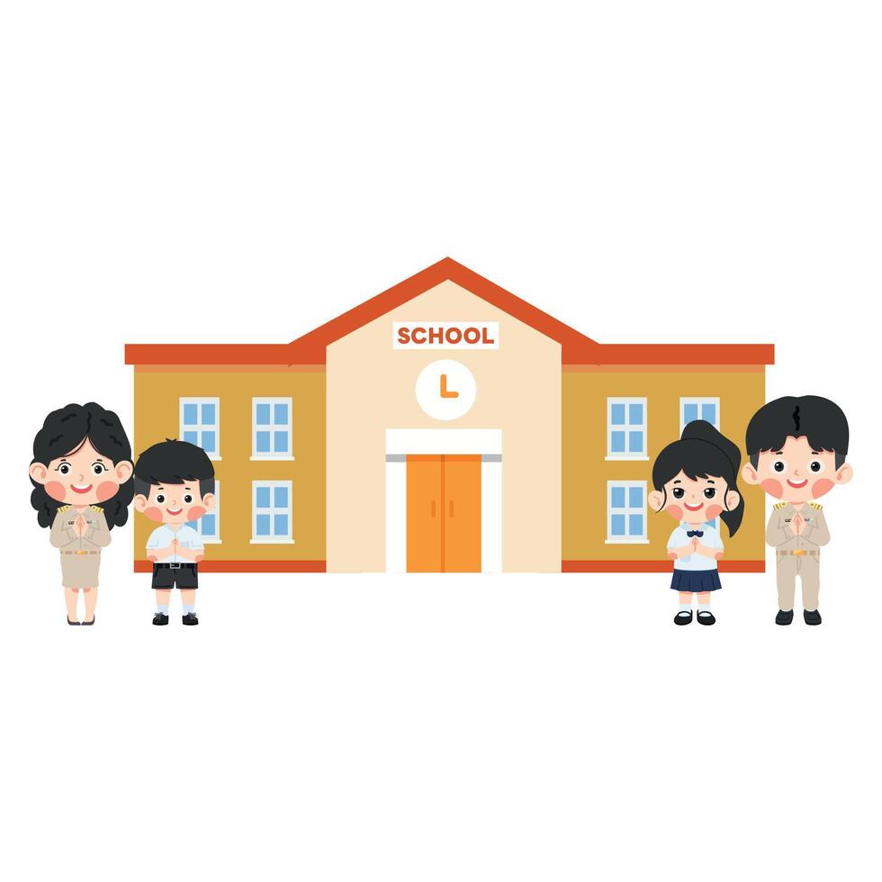 Cartoon Students and Teachers Greeting at School vector
