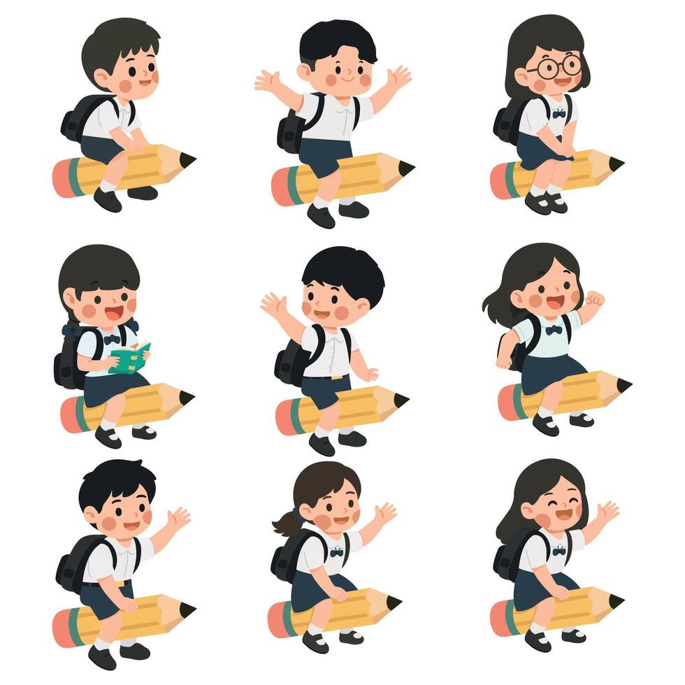 Set of Illustrations of School Kids Riding Giant Pencils vector