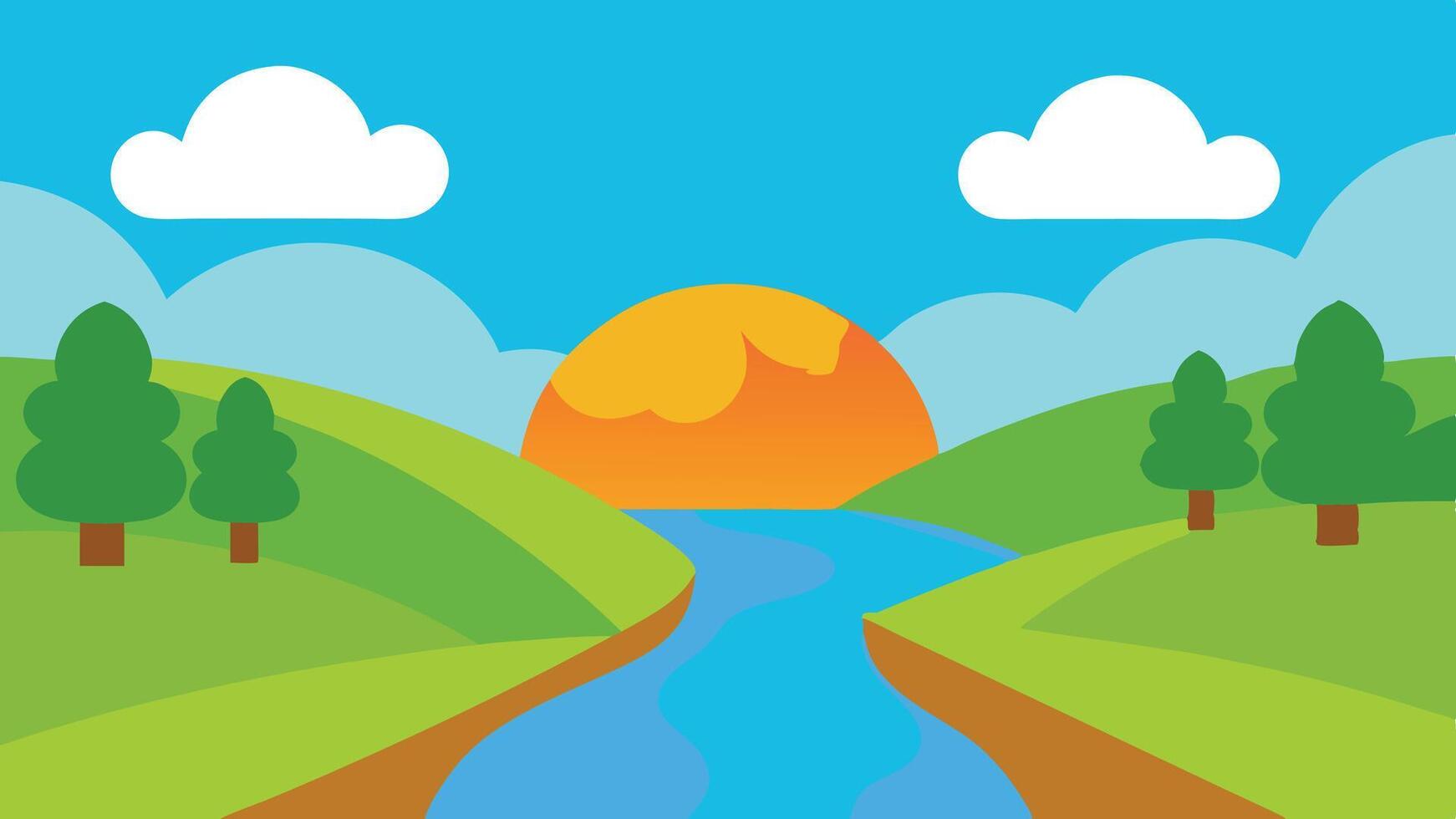 2D cartoon sun,sky,trees and river background vector