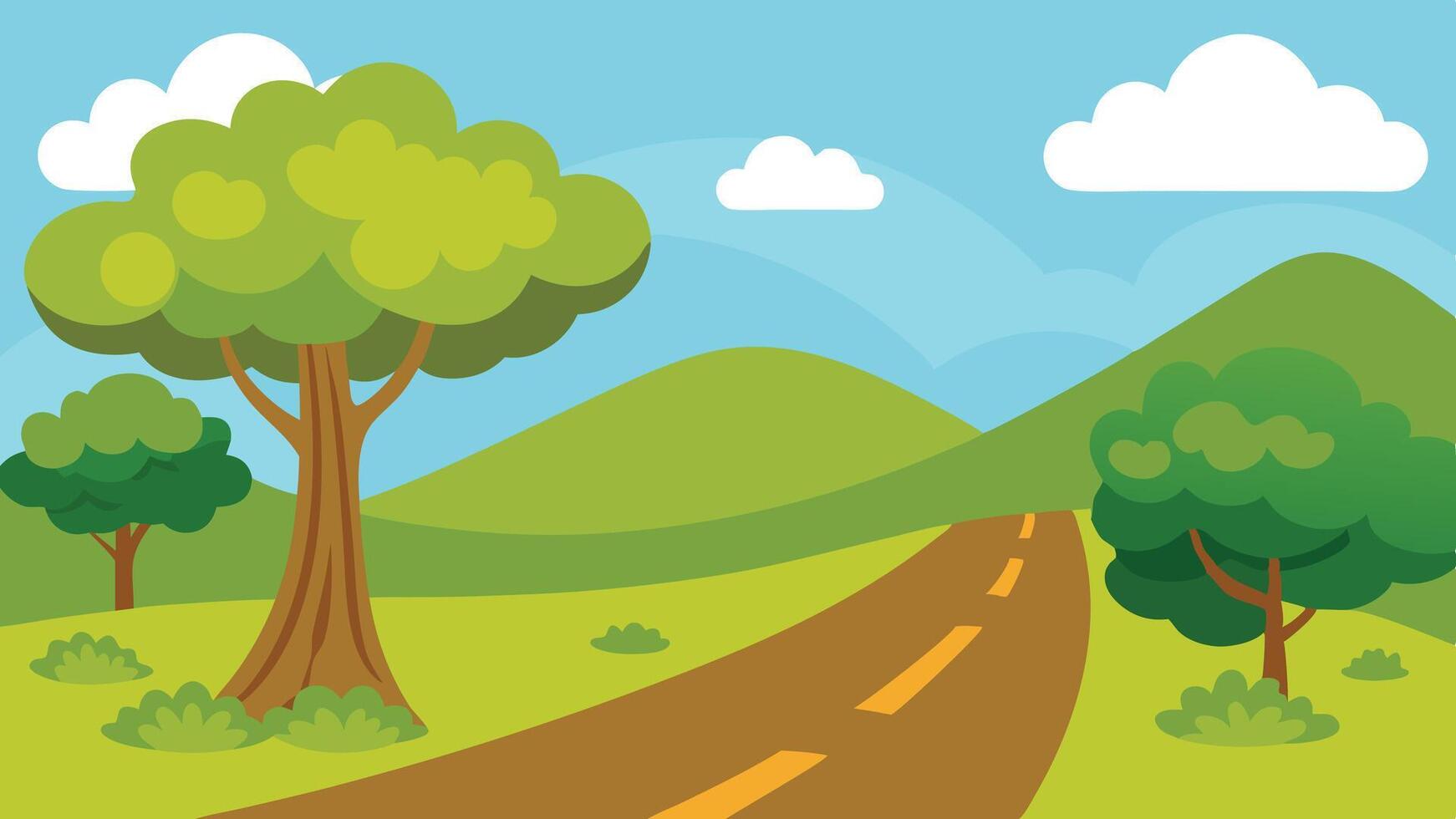 Sky and tree forest cartoon 2d nature road background vector